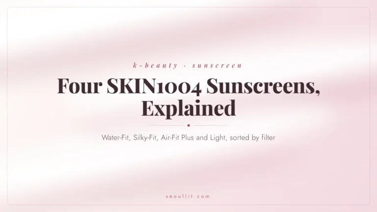 Four SKIN1004 sunscreens explained, Water-Fit, Silky-Fit, Air-Fit Plus and Air-Fit Light, sorted by filter and format, Seoullit cover